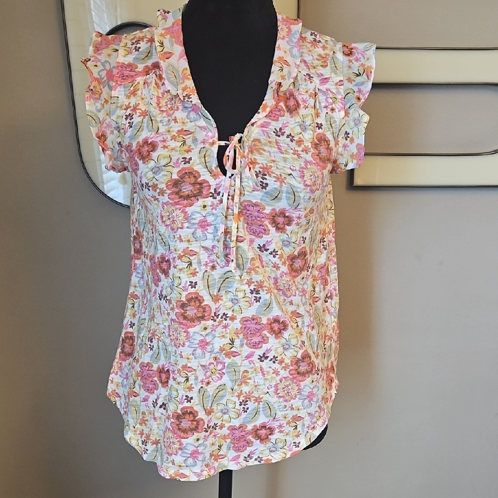 Lucky Brand Floral Ruffle Sleeve Top